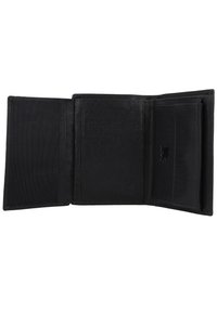 Portefeuille en cuir noir avec plusieurs emplacements pour cartes, un intérieur texturé et un extérieur lisse. Présente des coutures et un petit logo en relief.