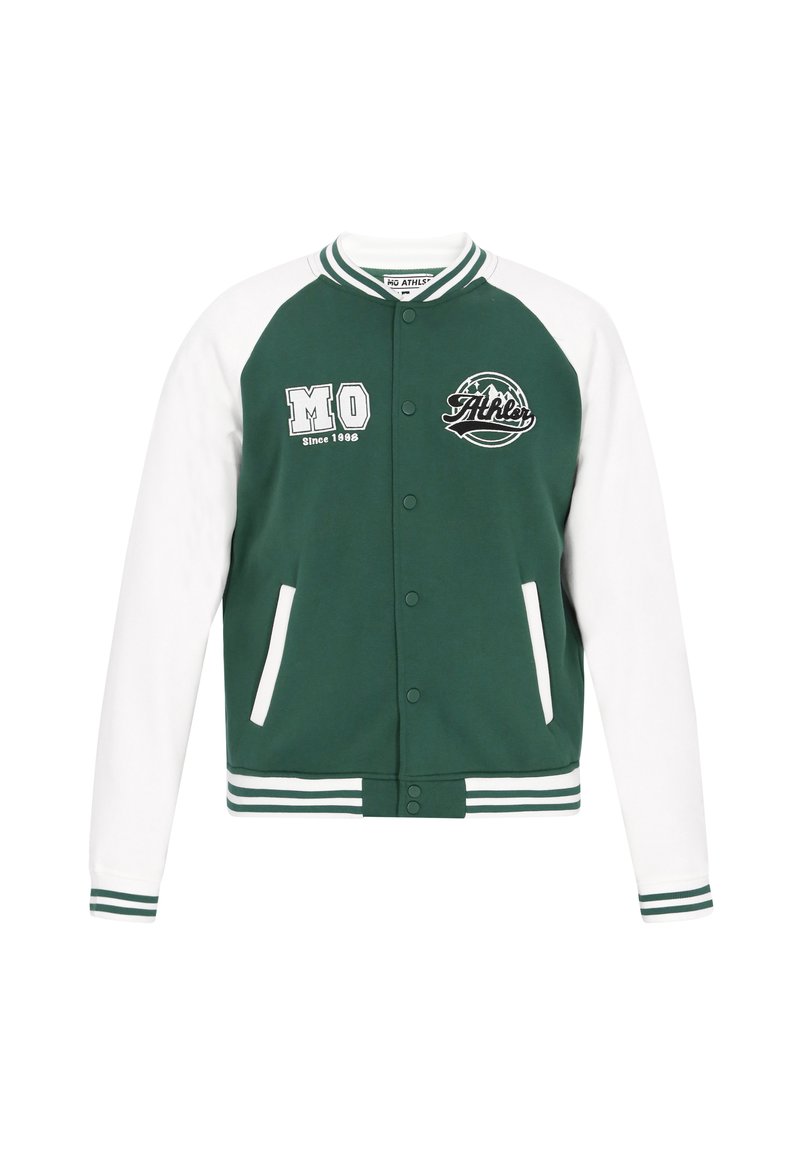 Zöld-fehér egyetemi stílusú dzseki patentos záródással, bordázott mandzsettákkal és oldalzsebekkel. "MO" és "Athletics" hímzett részletek találhatók rajta.
