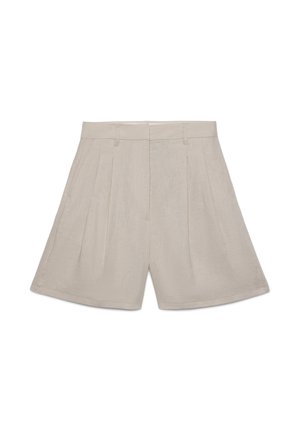 Beige high-waist shorts with pleats, belt loops, and a front concealed closure, displayed on a white background.