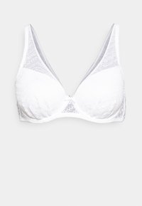 Soutien-gorge en dentelle blanche de forme triangulaire, avec un tissu texturé et des détails en transparence sur les côtés. Bandeau souple pour plus de confort.