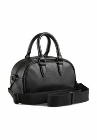 Schwarze Leder-Handtasche mit runder Form, oberen Griffen und einem abnehmbaren Schultergurt. Verfügt über einen Reißverschlussverschluss und minimale Hardware-Akzente.
