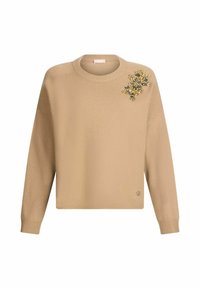 Maglione beige lavorato a maglia con maniche lunghe, scollatura tonda, polsini a coste e un design floreale arricchito sulla spalla sinistra.