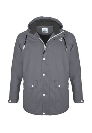 Gray hooded rain jacket with front zipper and snap buttons, two front flap pockets, and black drawstrings with white tips.