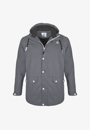 Gray hooded rain jacket with front zipper and snap buttons, two front flap pockets, and black drawstrings with white tips.