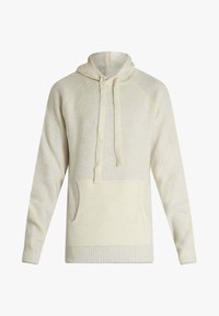 Felpa con cappuccio lavorata a maglia color crema con trama a costine, coulisse e una tasca a marsupio frontale. Presenta maniche raglan e una vestibilità comoda.