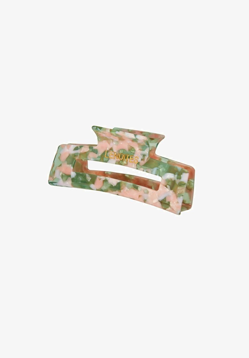 Rectangular hair claw clip with green, pink, and white marbled pattern and gold "LENOITES" text on top section.