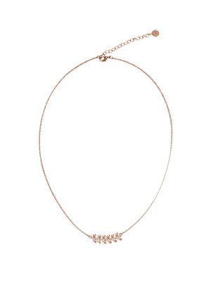 Collier chaîne délicate en or rose avec un petit pendentif en forme de branche orné de plusieurs feuilles lisses, et un fermoir ajustable.