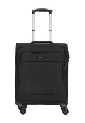 Black soft-sided suitcase with telescoping handle extended and four spinner wheels on a white background.