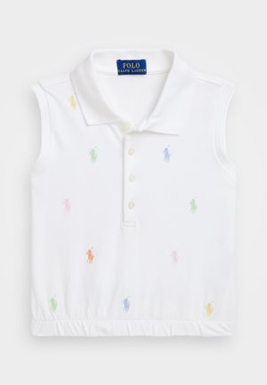 Chemise blanche sans manches Polo Ralph Lauren avec col, boutons sur le devant, ourlet élastique et petits logos brodés multicolores.
