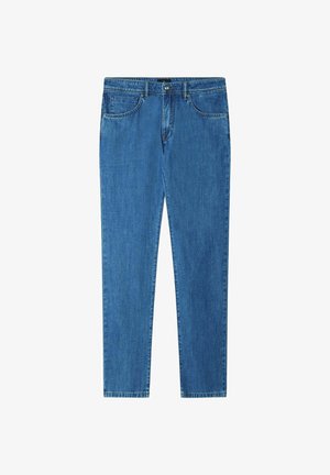 Blaue Jeans aus Denim mit geraden Beinen, Fronttaschen, Gürtelschlaufen und einem Knopf- mit Reißverschlussverschluss.