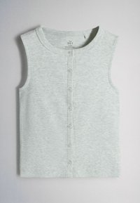 Veste débardeur pour tout-petit en maille côtelée gris clair, sans manches, avec col rond et fermeture à boutons sur le devant, taille 6 ans.
