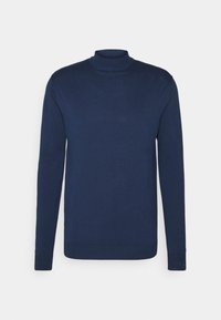 Navyblauer Langarm-Mockneck-Pullover, gerippte Bündchen und Saum, glattes Strickmuster, auf weißem Hintergrund präsentiert.