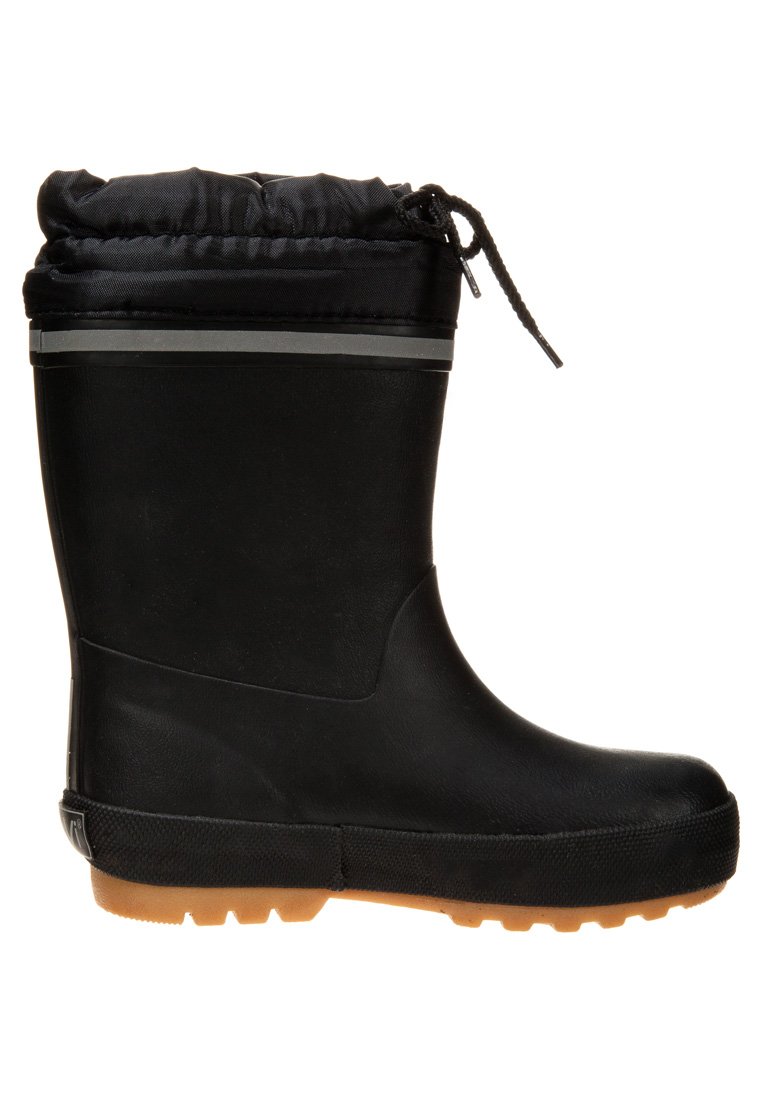 Bottes noires imperméables avec un extérieur en caoutchouc, une semelle texturée, un haut à cordon de serrage et un design flexible pour un enfilage et un retrait faciles.