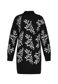 Pulover negru tricotat cu guler înalt, cu modele de frunze argintii pe întreaga suprafață și umeri căzuți. Materialul pare moale și texturat.