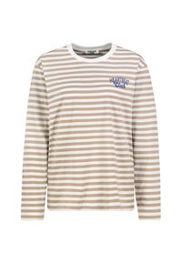 Langärmliges gestreiftes Hemd in Beige und Weiß, mit rundem Halsauschnitt und einem blauen "HEARTBEAT Club"-Grafik auf der Brust. Weicher Stoff.