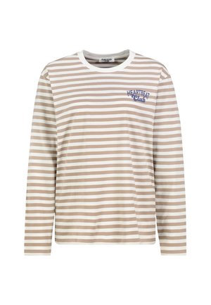 Long-sleeve striped shirt in tan and white, featuring a round neckline and a blue "HEARTBEAT Club" graphic on the chest. Soft fabric.