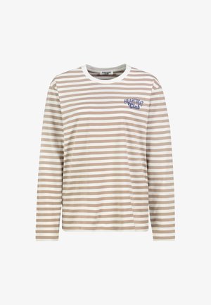 Long-sleeve striped shirt in tan and white, featuring a round neckline and a blue "HEARTBEAT Club" graphic on the chest. Soft fabric.