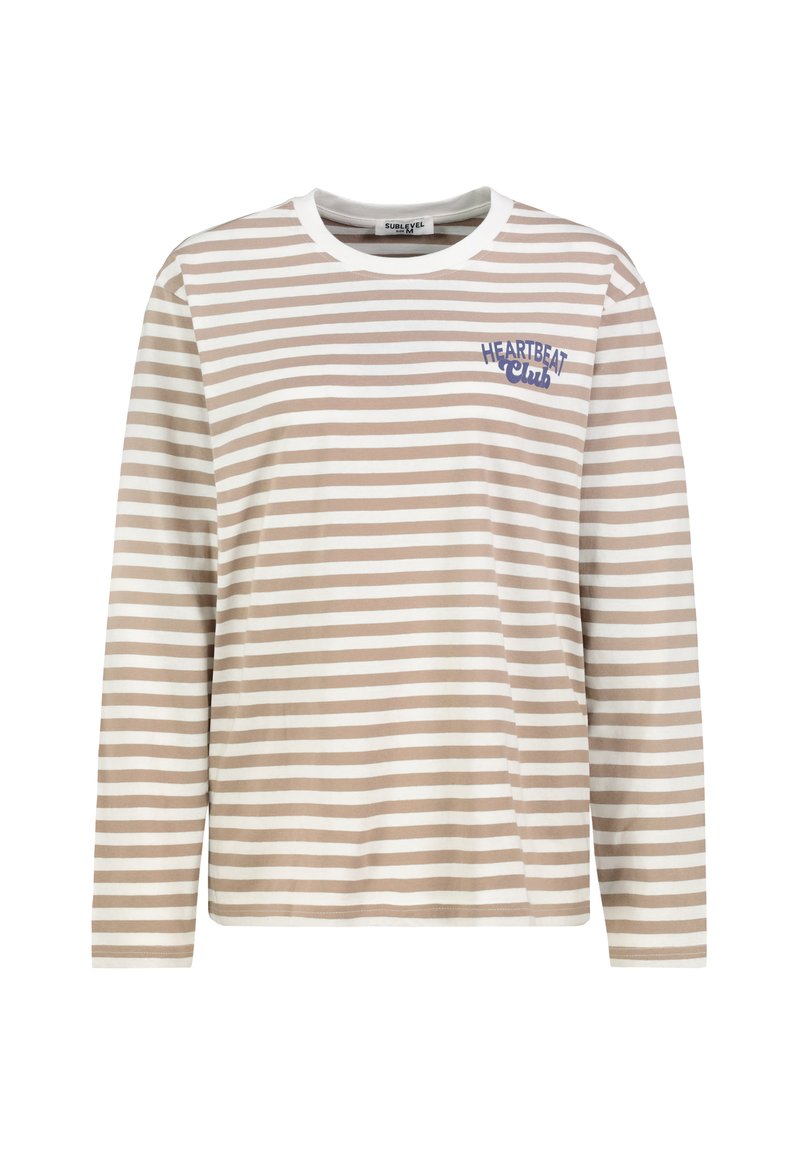 Langärmliges gestreiftes Hemd in Beige und Weiß, mit rundem Halsauschnitt und einem blauen "HEARTBEAT Club"-Grafik auf der Brust. Weicher Stoff.