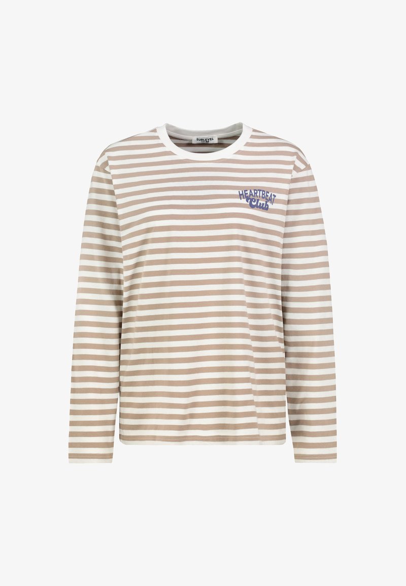 Langärmliges gestreiftes Hemd in Beige und Weiß, mit rundem Halsauschnitt und einem blauen "HEARTBEAT Club"-Grafik auf der Brust. Weicher Stoff.