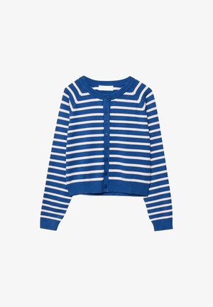 Blau-weiß gestreifte Strickjacke mit rundem Ausschnitt, langen Ärmeln und Knopfleiste; aus weichem Strickmaterial; kurz geschnittenes Design.