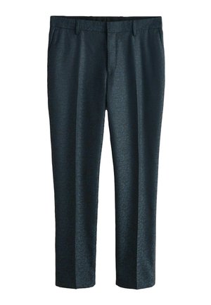 Mörkgröna mönstrade byxor med en slät textur, rak skärning, midjeband och sidfickor. Ingen synlig branding eller hårdvarudetaljer.