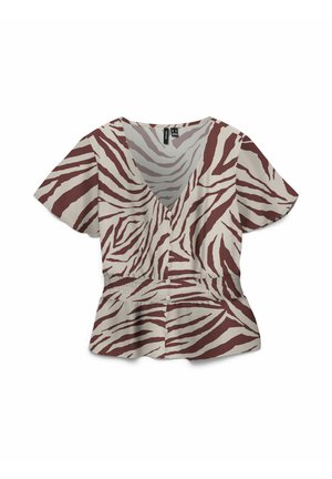 Kortemouwenblouse met knoopsluiting aan de voorkant, elastische taille en bruine zebrastripes op een beige achtergrond, V-halskraag.