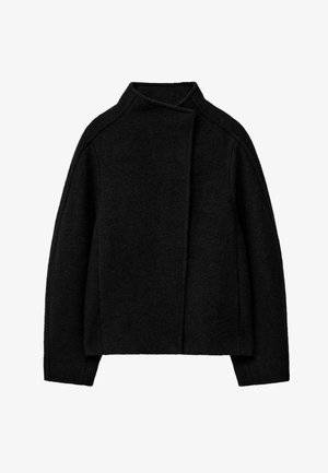 Black wool jacket with long sleeves, stand collar, and asymmetrical front closure, laid flat on a white background.