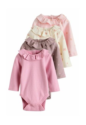 Quattro bodysuit a manica lunga con colli arricciati. Colori: rosa chiaro, crema con fiori, taupe con cuori e rosa scuro. Materiale in cotone morbido.