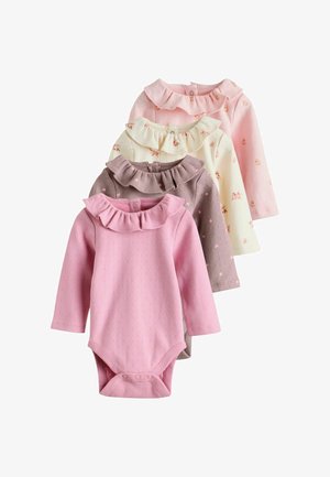 Fire langærmede babybodyer med flæsekant i pink, mauve, creme med blomsterprint og lyserød med små blomster, arrangeret overlappende.