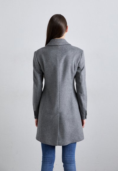 Gray wool coat with a fitted silhouette, notched collar, and long sleeves. Features button accents on cuffs and a single rear vent.