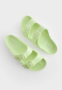 Sandales en plastique vert lime avec deux sangles à boucle réglables et une semelle moulée, présentant une texture lisse et un design ouvert aux orteils.