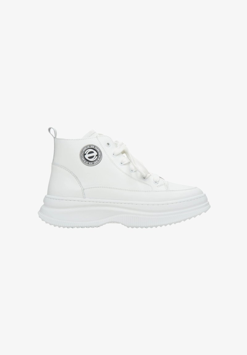 White high-top sneakers made of smooth synthetic material; features round logo patch, lace-up front, and thick, textured sole.