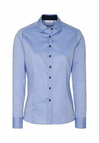 Hellblaues, langärmliges Hemd aus Baumwolle mit Button-Down-Kragen, ausgestattet mit schwarzen Knöpfen und kontrastierendem Innencollarfabric.