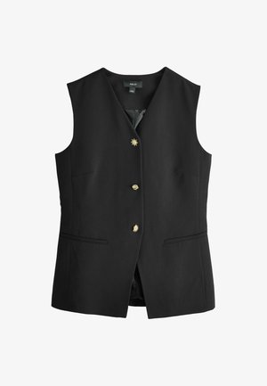 Fekete ujjatlan mellény sima szövetből, V-nyakkivágással, két elülső zsebbel és aranyszínű napkitörés gombokkal.