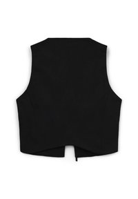 Schwarze Weste mit einer figurbetonten Silhouette, ärmellosem Design, geschwungenem Saum und einer dezenten Rückennaht. Glatte Textur und einfache Konstruktion.