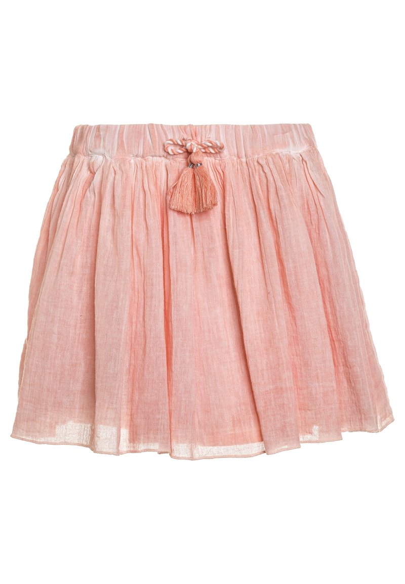 Světle růžová lněná sukně se shromážděným designem, nastavitelným pasem a ozdobnou třásní uprostřed přední části. Měkká textura a lehká.