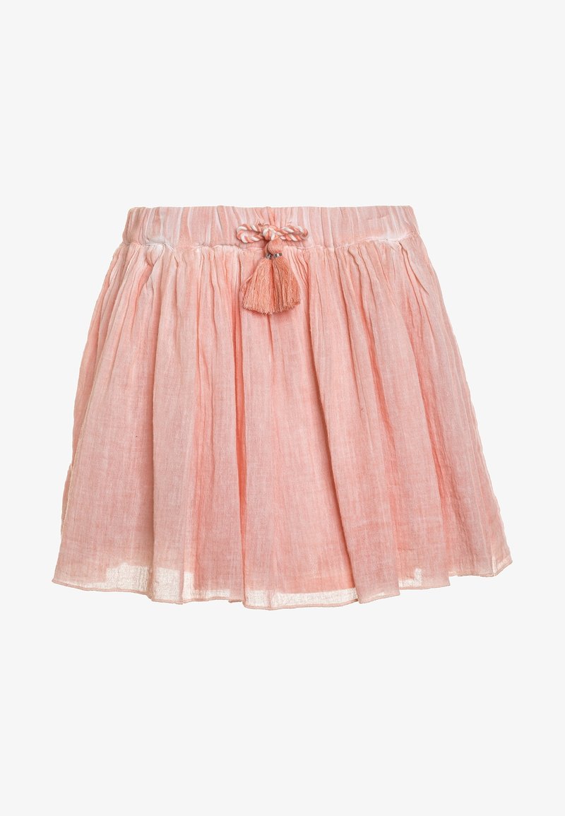 Světle růžová lněná sukně se shromážděným designem, nastavitelným pasem a ozdobnou třásní uprostřed přední části. Měkká textura a lehká.