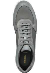 Sneaker grigia con una combinazione di materiali scamosciati e mesh. Presenta lacci piatti, suola grigia e logo "GEOX" in oro sulla soletta.