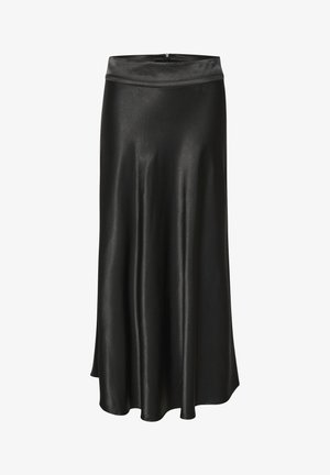 Fekete selymes midi szoknya sima textúrával, folyó dizájnal és széles derékrésszel. Finom fényével és látható minták, illetve mágnesek nélküli kialakításával rendelkezik.