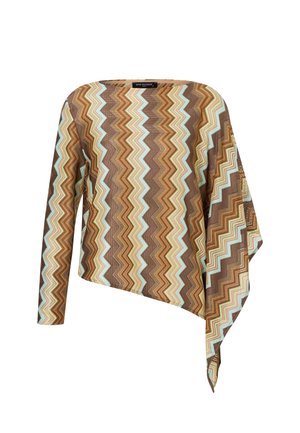 Haut asymétrique à manches longues avec des rayures en zigzag dans des tons marron, beige, bleu clair et rose.