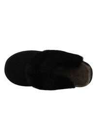 Zwarte slipper van zacht suede met een luxe voering van pluche. Rondige vorm en gevoerde voetbed voor comfort. Geen zichtbare hardware of versieringen.