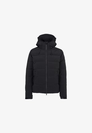 Czarna pikowana kurtka z kapturem, zamek błyskawiczny z przodu, zamykane kieszenie boczne oraz regulowane mankiety.