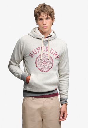 Ung mand iført en lysegrå Superdry hættetrøje med rødt logo og beige bukser, stående med den ene hånd i lommen mod en ensfarvet baggrund.
