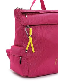 Bright pink shoulder bag with a textured surface, featuring a top zipper, front pocket, and yellow accents, including a zipper pull and clip.
