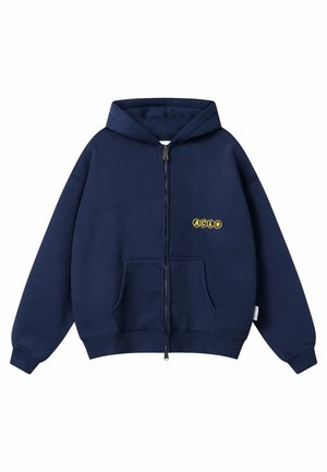 Granatowa bluza z kapturem na pełny zamek, z przednimi kieszeniami, kapturem i żółtym logo "ACLO" na lewej piersi.