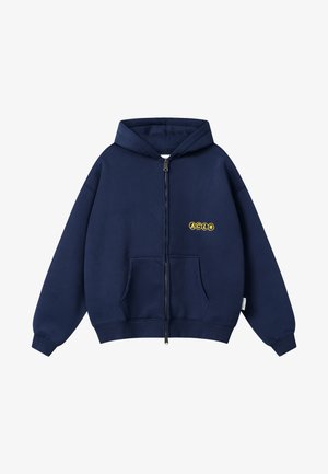 Granatowa bluza z kapturem na pełny zamek, z przednimi kieszeniami, kapturem i żółtym logo "ACLO" na lewej piersi.