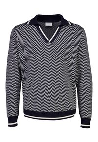 Maglione a zigzag navy e bianco con scollo a V e colletto a contrasto. Maniche e fondo a coste per texture e vestibilità.