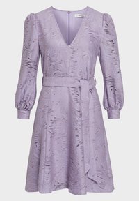 Lavender dress with a textured, abstract swirl pattern, V-neckline, long puff sleeves, cinched waist, and an adjustable belt.