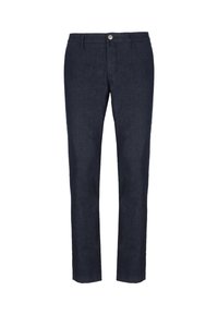 Pantaloni in denim blu scuro con design a gamba dritta, dotati di chiusura anteriore con bottone e una texture sottile. Nessun motivo o accentuazione visibile.