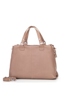 Borsa in pelle tan con doppi manici superiori, hardware in argento, chiusura con zip e tracolla regolabile. Texture liscia e forma strutturata.